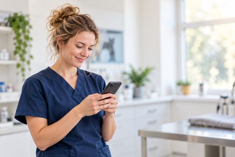 Een paraveterinair bekijkt een vacature op haar telefoon